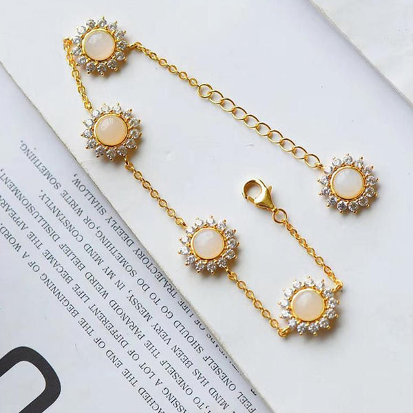 Inspired design silver inlaid natural Hetian chalcedony daisy sun flower bracelet