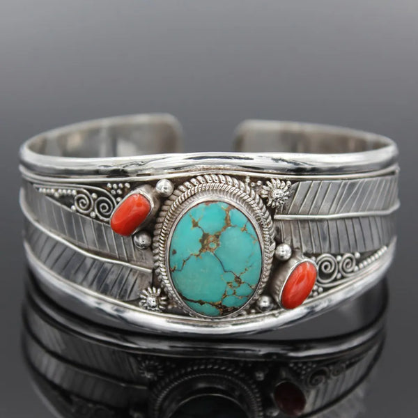 Antique Silver Color Leaf Red Blue Natural Stone Bracelet Bangle for Women