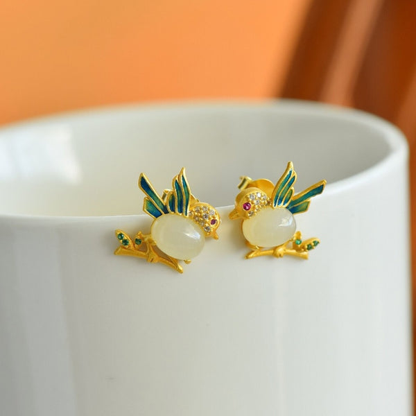 Natural Hotan Jade Lovely Magpie Ear Studs Enamel Crystal earings for women