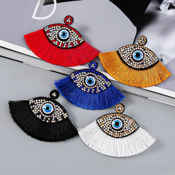 Fashion Flannelette Rhinestone Eyes Tassel Earrings Women