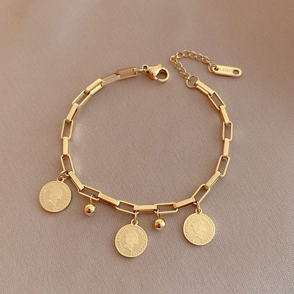 Stainless Steel Layered Golden Pendant Bracelet For Women