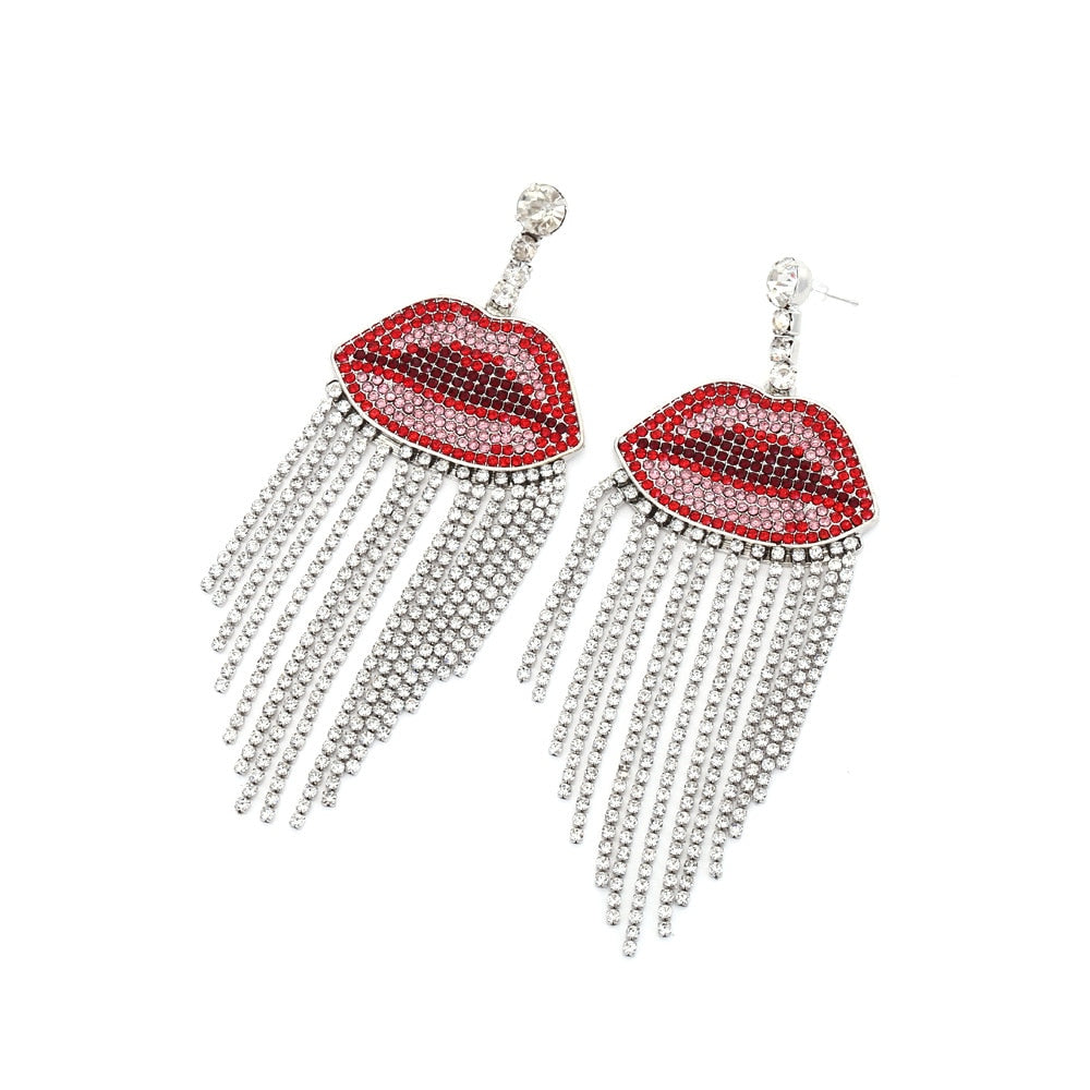 ZA Luxury Sexy Rhinestone Red Lip Tassel Dangle Bohemian Earrings For Women