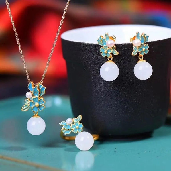 New Porcelain Inlaid Hetian White Jade Pearl Flower Enamel Porcelain Necklace Earrings