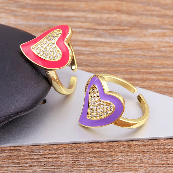 New Fashion Lady Female Women Enamel Drop Oil Love Romantic Heart Zircon Rings