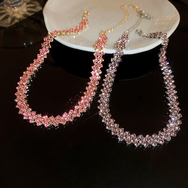 Fashion Pink Purple Gold Color Rhinestone Choker Necklaces for Women