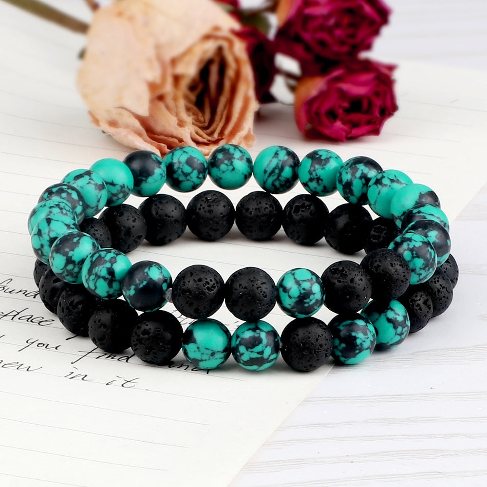 2pcs Couples Natural Stone Lava Beads Bracelets Trendy Men Hematite Beads Bracelet