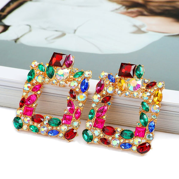 Vintage Square Metal Hollow Full Colorful Crystal Big Dangle Earrings For Women