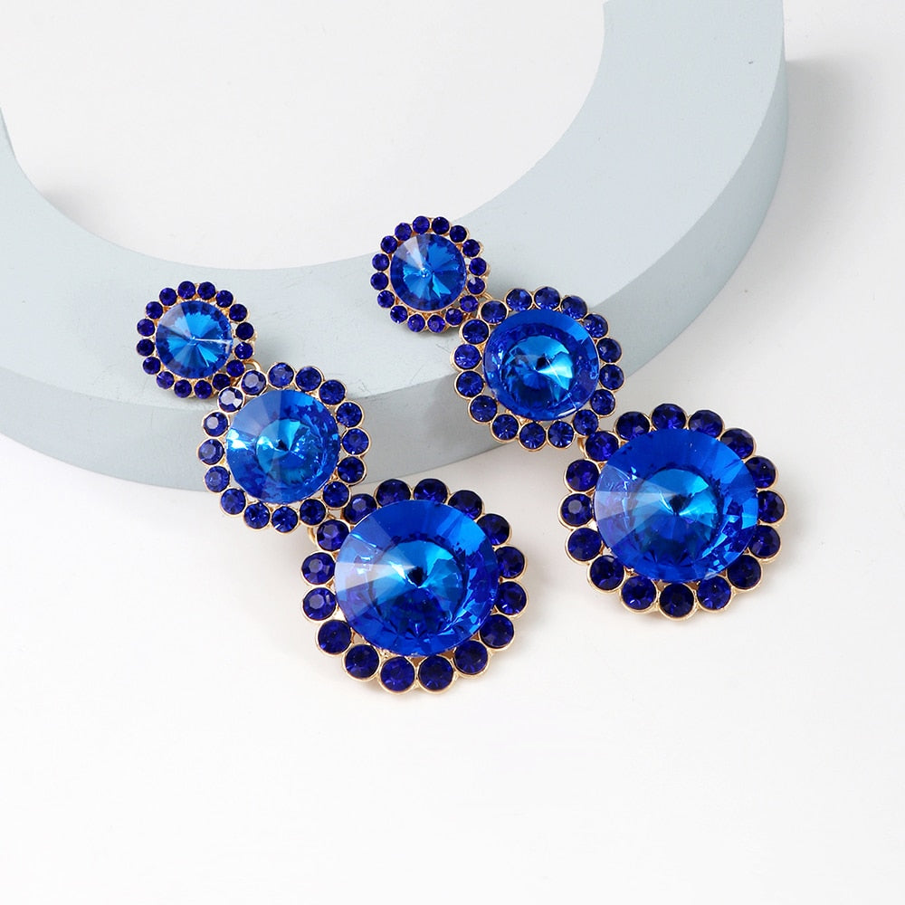 New Luxury Blue Rhinestone Dangle Earrings Statement Long Pendant Round Earrings For Women