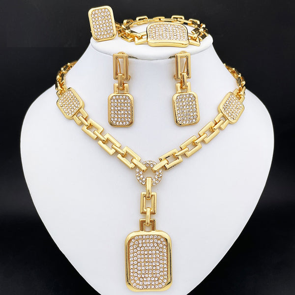 Gold Plated Fine Jewelry Set  African Women Pendant Necklace Square Earrings Big Bracelet