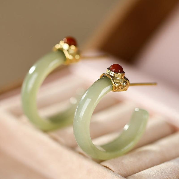 Silver inlay Southern Rubellite Tourmaline natural Hetian jasper hoop earrings for women