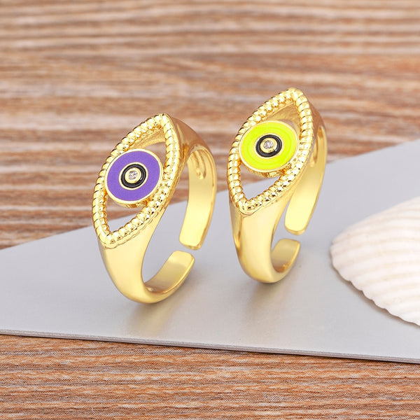 Classic Evil Eye Multicolor Enamel Dripping Oil Open Ring For Women