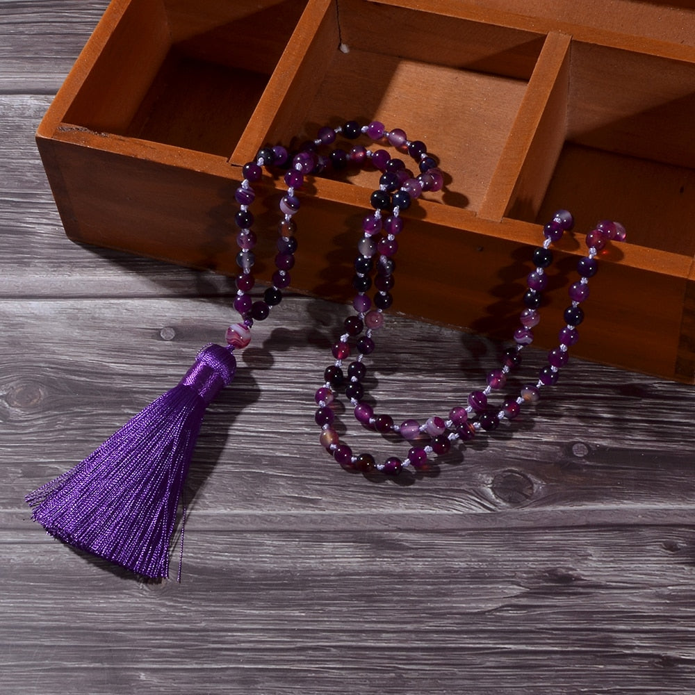 6mm Purple Striped Agate Beads Knotted 108 Mala Necklace