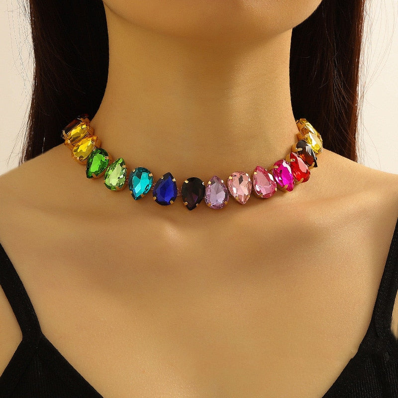 Water Drop Colorful Crystal Choker Necklaces for Women