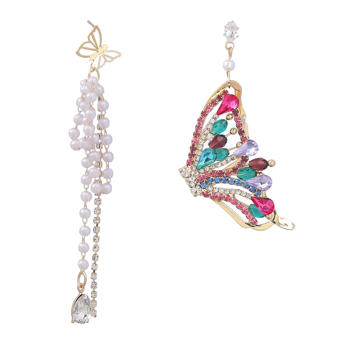 Pauli Manfi Trend Metal Rhinestone Imitation Pearl Butterfly Asymmetric Dangle Earrings