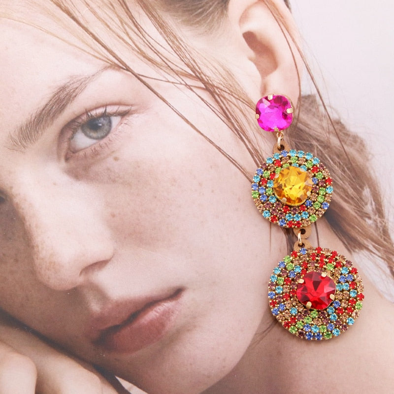 New Colorful Rhinestone Earrings For Women Long Drop Earrings Statement Crystal Earrings