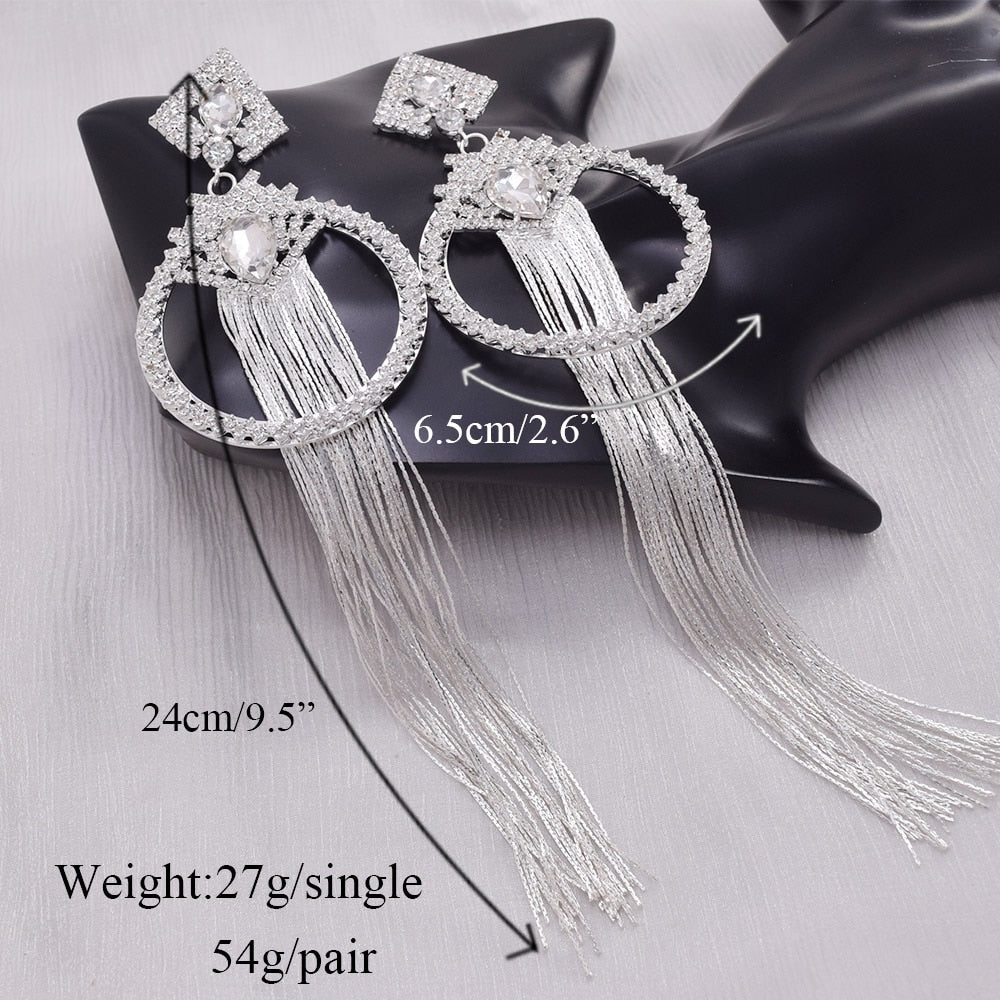 24cm Long Silver Tassel Earrings for Women