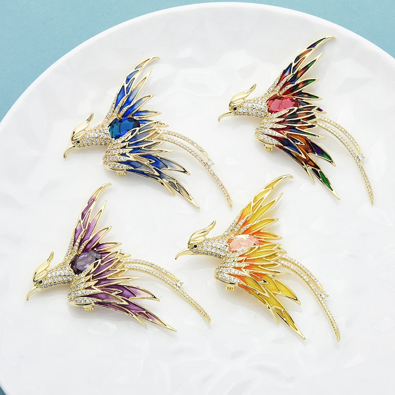 Crystal Phoenix Bird Brooches For Women Men 5-color Enamel Flying Beauty Bird Party Office Brooch