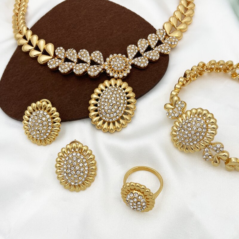 Dubai Gold Color Jewelry Set Women Necklace Earrings Round Pendant