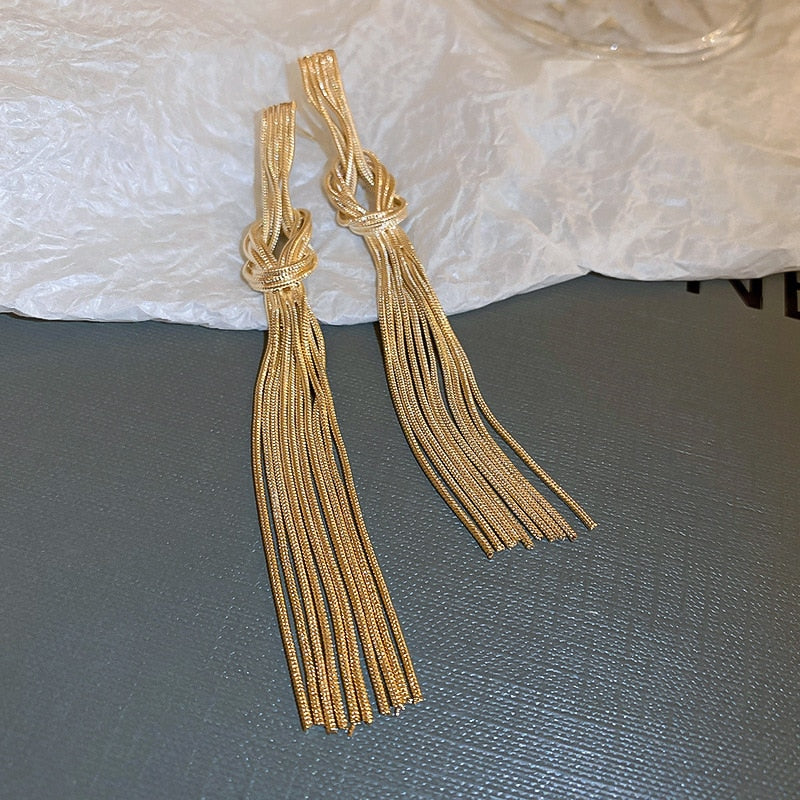 New Metal Long Tassel Chinese Knot Earrings