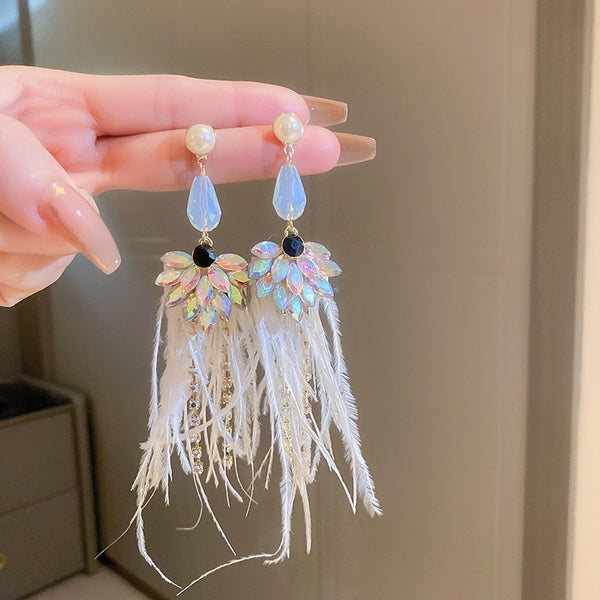 New Gold Color Long Feather Tassel Drop Earrings for Women