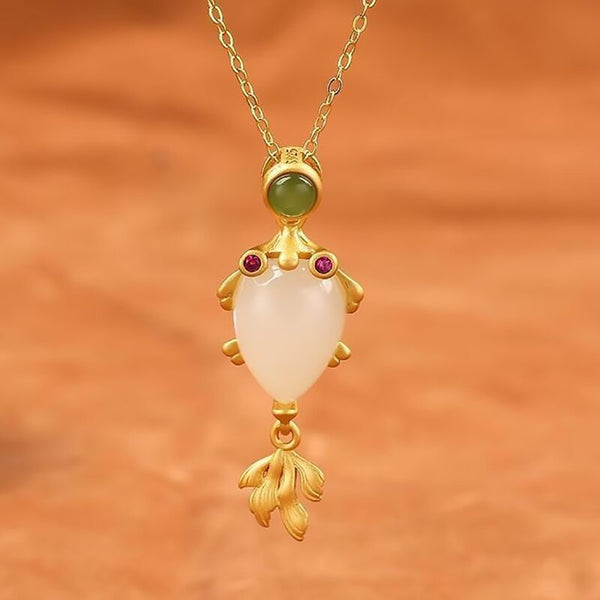 Inspired design inlaid natural Hetian jade small goldfish pendant necklace