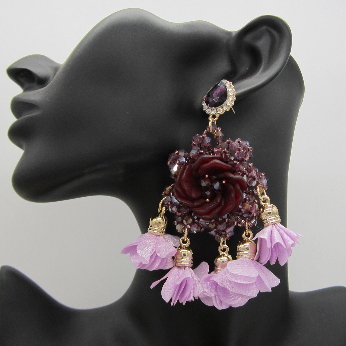 Statement Handmade Crystal Flower Big Drop Earrings for Women