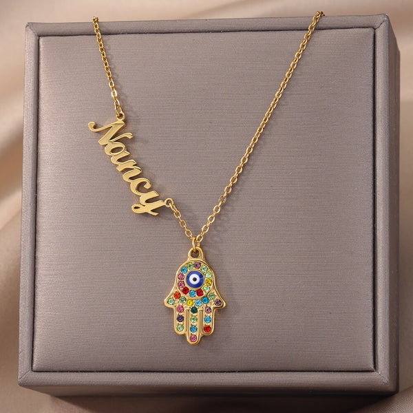 Gothic Custom Name Hamsa Hand Necklace For Women