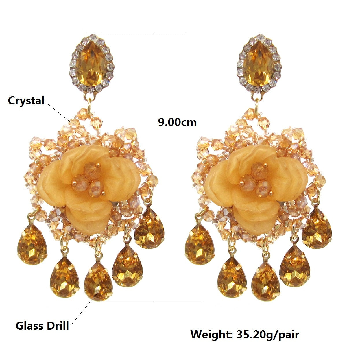 Statement Handmade Crystal Flower Big Drop Earrings for Women