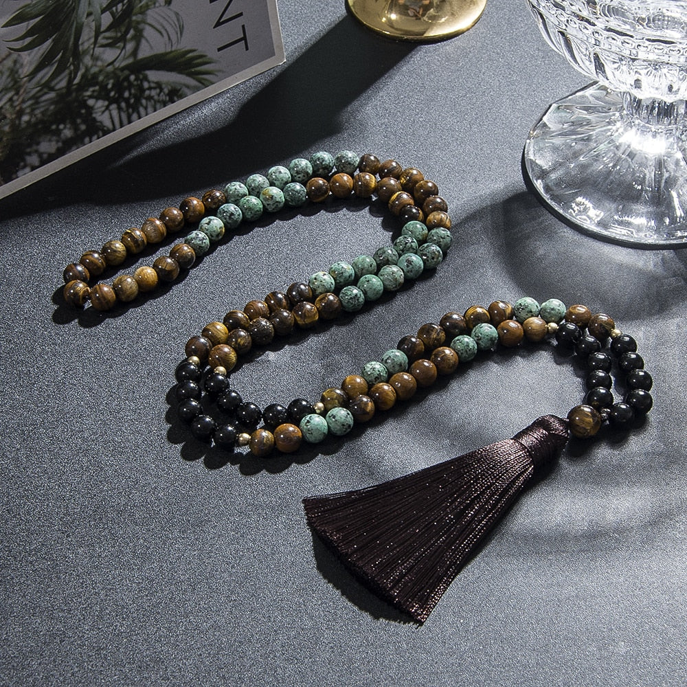 8mm Natural Tiger Eye African Turquoise Black Onyx Beaded Japamala Necklace