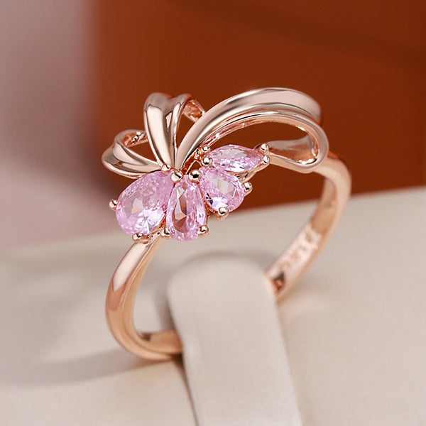 Hollow Design Pink Geometric Zircon Rings 585 Gold Color Fashion Jewelry for Women