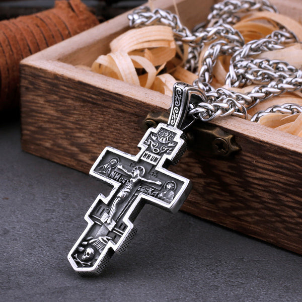 Vintage Religious Jesus Cross Necklace Men's Stainless Steel Christian Believer Amulet Pendant