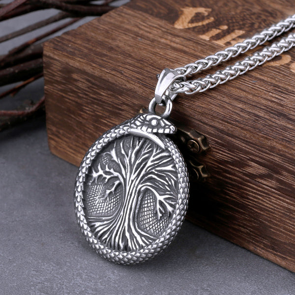 Vintage Viking Tree of Life Ouroboros Dragon Necklace Men