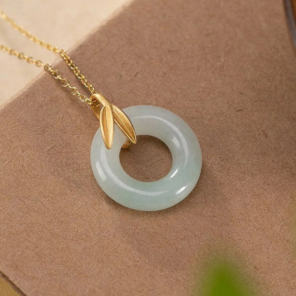 Designer original new in natural Hetian jade bamboo leaf round necklace pendant