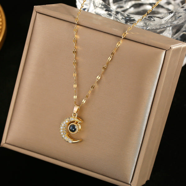 Stainless Steel Clavicle Chain Crystal Zircon Moon Pendant Necklaces