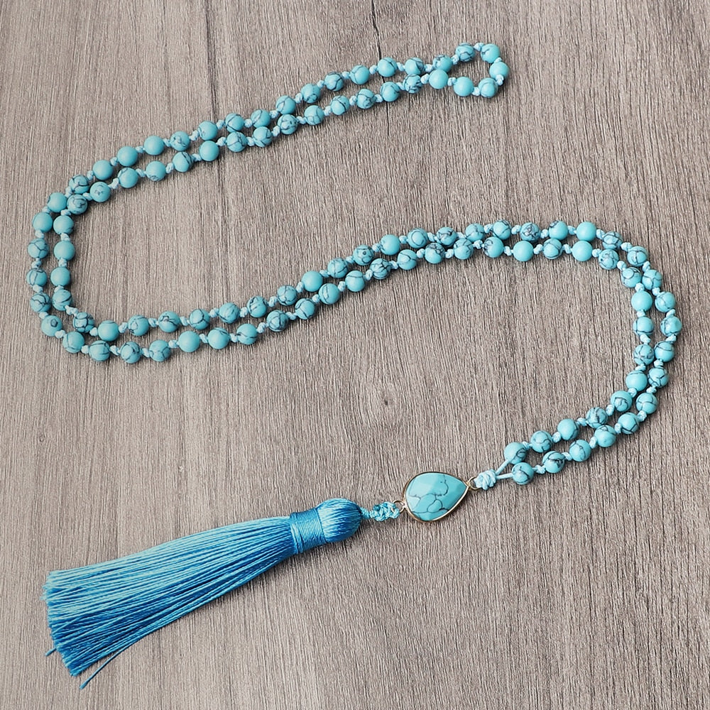 Natural Blue Pine Stone 108 Mala Beads Long Necklaces 6mm Natural Stone Pendant Women