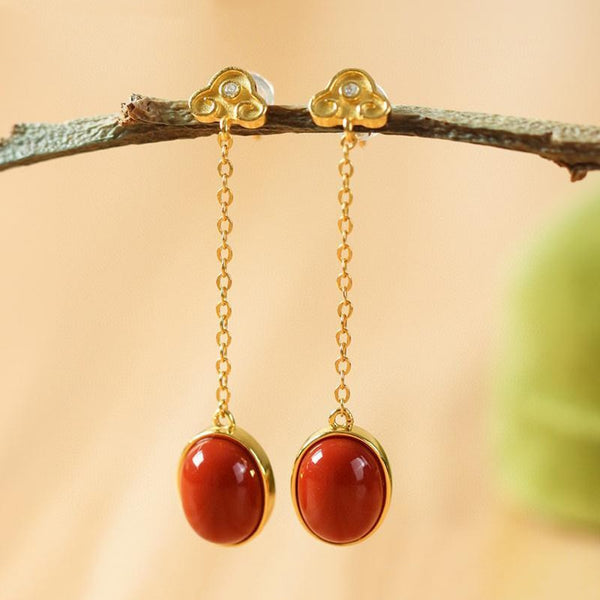 Three-dimensional craft inlaid southern red tourmaline Xiangyun long earrings