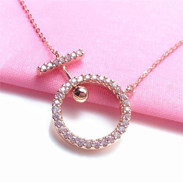 585 Purple Gold 14K Rose Gold Fashion Inlaid Crystal Geometric Round Necklace