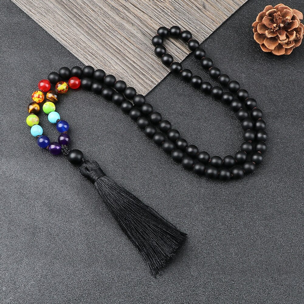 Men Black Beads Prayer Necklaces Women 108 Mala Natural Stone Beaded Stretch Necklaces