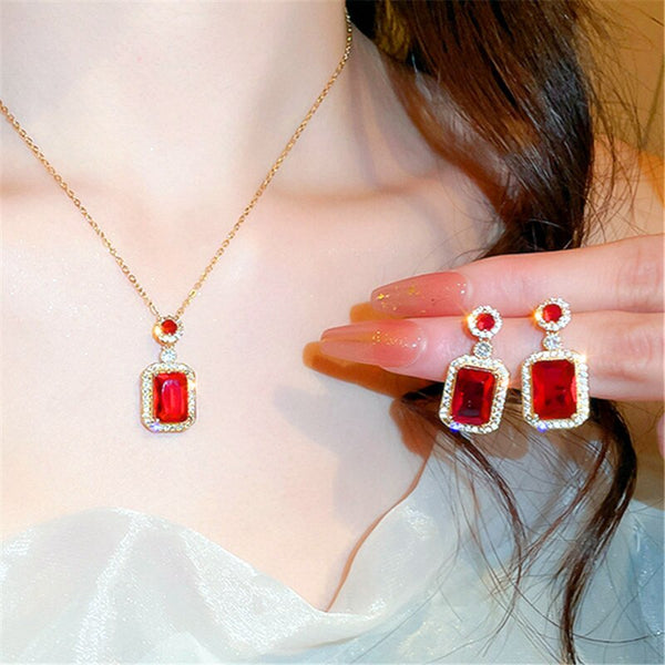 Luxury Red Crystal Square Drop Earrings And Necklace For Women