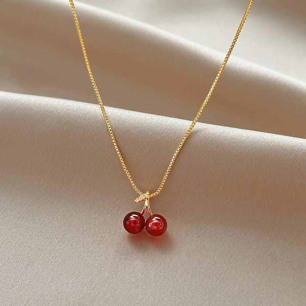 Stainless Steel Wine Red Cherry Gold Colour Pendant Necklace For Women