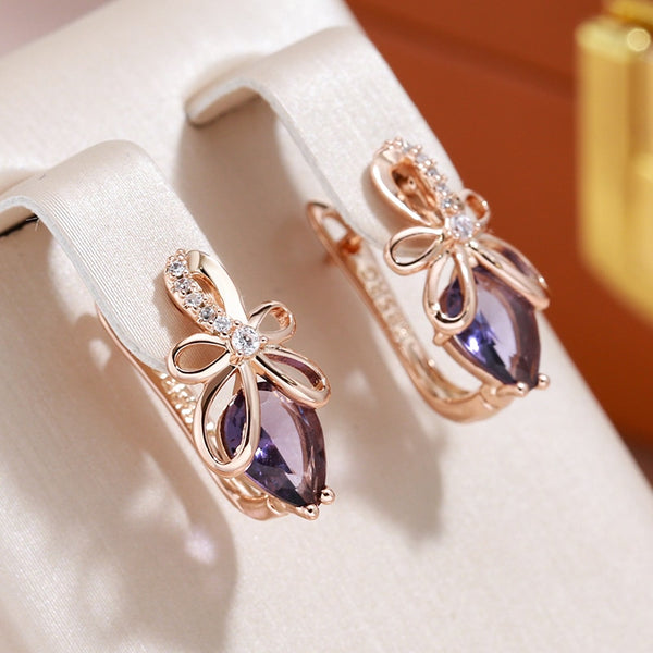 Water Drop Shape Purple Zircon 585 Gold Color Bow Earrings for Women