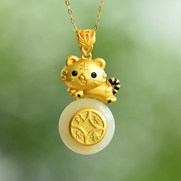 Classic Silver Inlaid Round Natural Hetian Jade Little Tiger necklaces