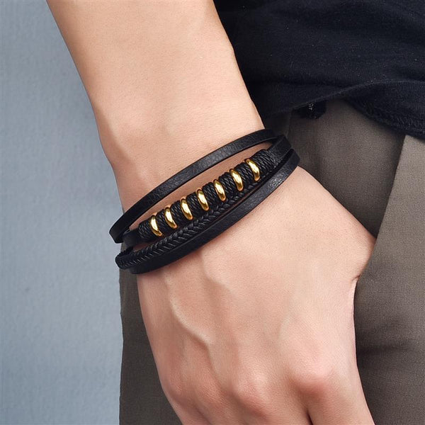 Men Genuine Leather Bracelet With Stainless Steel Magnet Clasp Mutilayer Leather Wrapping Bracelet