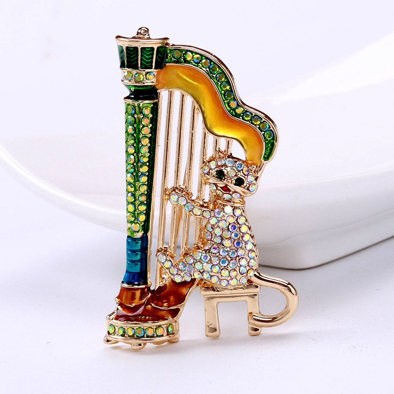 Playing Harp Cat Brooch Cute Funny Cartoon Pin Animal Design Jewelry