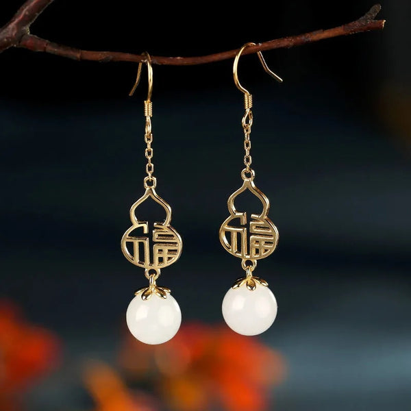 New design natural Hetian white jade gourd blessing long earrings