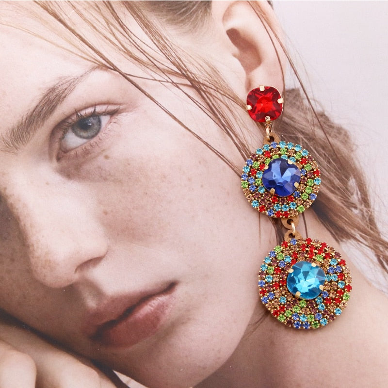 New Colorful Rhinestone Earrings For Women Long Drop Earrings Statement Crystal Earrings