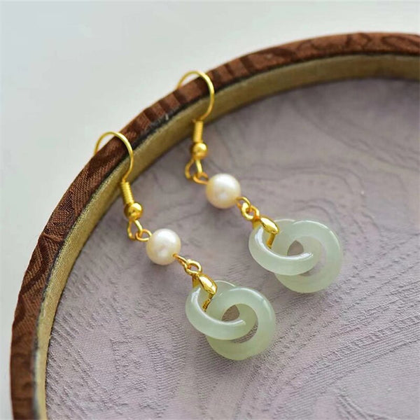 Natural Hetian jade double ring pearl earrings for women