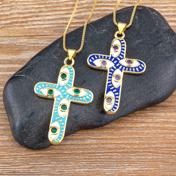 Fashion 5 Colors Cross Enamel Dripping Oil Pendant for Women Zircon Necklace