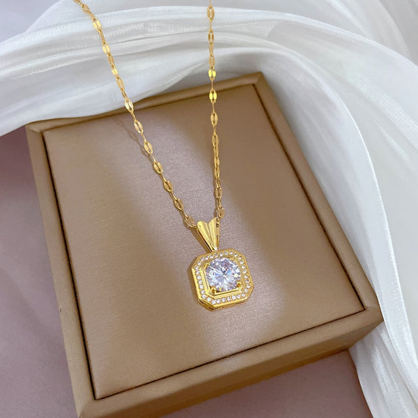 New Shiny Zirconia Square Necklace Gold Color Exquisite Clavicle Chain Necklace