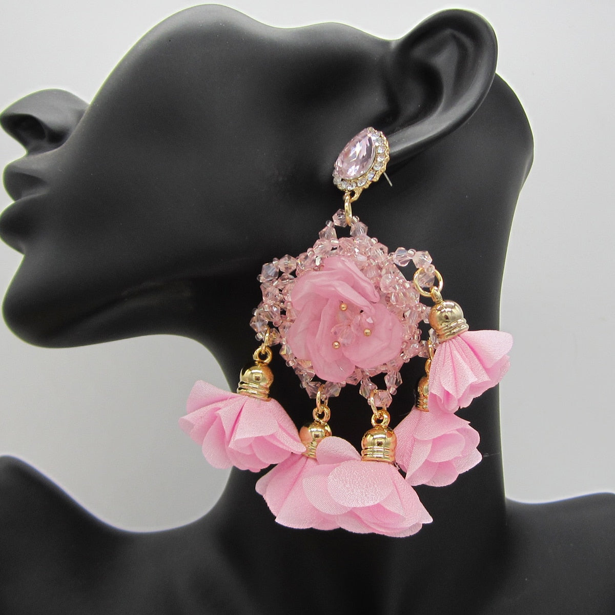 Statement Handmade Crystal Flower Big Drop Earrings for Women